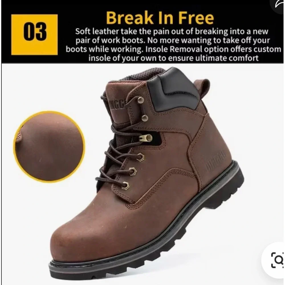 Dinggu Steel Toe Work Boots Brown Leather Puncture Resistant Safety Shoes Sz 7